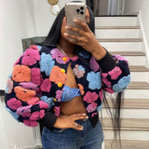 Vintage Beflockte Florale Rundhals-Bomberjacke mit Bischofsärmeln und Knopfleiste vorne