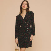 Vintage Blumenmuster Bischof Ärmel V-Ausschnitt Geknöpftes Wickel Minikleid - Schwarz