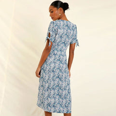 Robe mi-longue à imprimé floral vintage, col en V, boutonnée, nœud papillon, manches bouffantes - Bleu