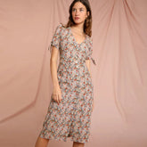 Robe mi-longue à imprimé floral vintage, col en V, boutonnée, nœud papillon, manches bouffantes - Rouge