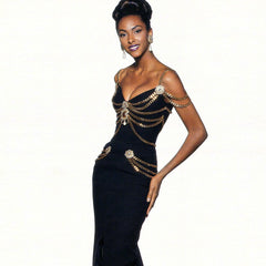 Robe longue de soirée vintage à bretelles et décolleté en V profond avec chaîne dorée - Noir