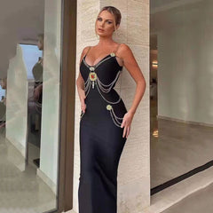 Robe longue de soirée vintage à bretelles et décolleté en V profond avec chaîne dorée - Noir