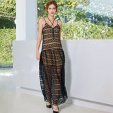 Robe longue vintage en dentelle sans manches avec col licou et demi-bouton à taille basse