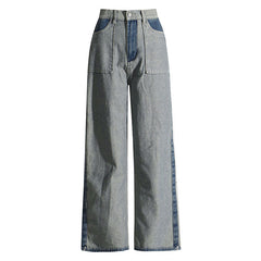 Jean vintage taille haute avec poches cargo et empiècements contrastés à jambe large