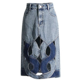 Vintage High Waist Two Tone Spiral CutOut Front Bodycon Midi Denim Skirt