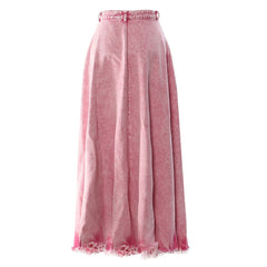 Vintage Style High Waist Raw Hem Frilled Faded Acid Wash Maxi Denim Skirt