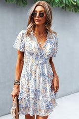 Printed Flutter Sleeve V-Neck Dress