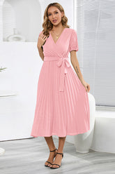 V-Neck Pleated Tie-Waist Midi Dress
