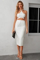 Rhinestone Cut Out Halter Neck Slit Dress