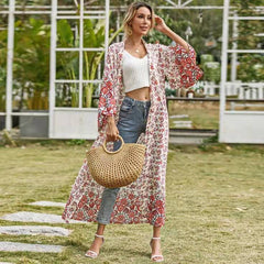 Robe de soirée de mariée longue avec imprimé floral en coton de couleur rouge Kimono Duster