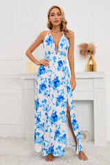 Rückenfreies Kleid mit Blumenmuster, Schnürung und Schlitz am Oberschenkel