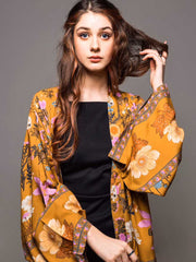 Kimono court à imprimé floral en coton et viscose de couleur jaune, robe courte, kimono, robe longue