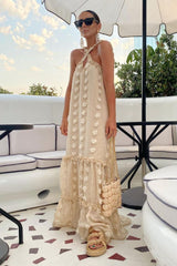 Neckholder-Maxikleid mit 3D-Blumen-Patchwork