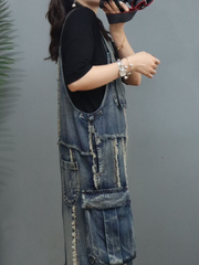 Lockerer, dünner Denim-Overall mit hoher Taille