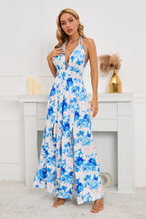 Rückenfreies Kleid mit Blumenmuster, Schnürung und Schlitz am Oberschenkel