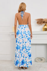 Rückenfreies Kleid mit Blumenmuster, Schnürung und Schlitz am Oberschenkel