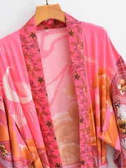 Veste kimono longue cardigan ciel étoilé rose d'automne