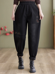 Pantalon sarouel en jean ample épais en polaire brodée d'hiver