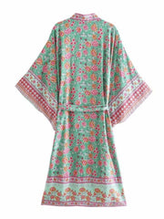 Robe longue kimono en coton vert à imprimé floral pour soirée