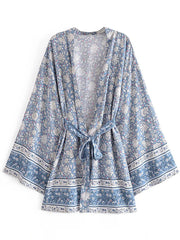 Robe de plage courte en coton bleu à imprimé feuilles
