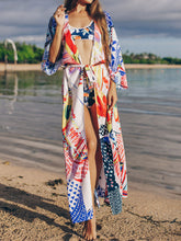 Strandbekleidung & Bademode Polyester-Kimono mit Blumendruck und Puppendruck auf der Rückseite, mehrfarbig, langes Kleid, Kimono-Staubmantel