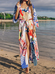 Vêtements de plage et maillots de bain Kimono en polyester à imprimé floral avec imprimé poupée au dos Robe longue multicolore Robe longue Kimono Duster