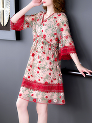 Modisches, kurzes, lockeres, fließendes A-Linien-Kleid mit Blumendruck