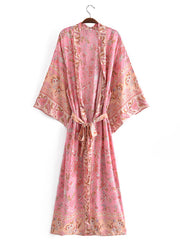 Robe de plage longue en coton à imprimé floral de couleur rose Kimono
