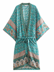 Nachtwäsche Kimono Robe Duster Blumendruck Blau Baumwolle Langer Kimono