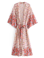 Robe de soirée de mariée longue avec imprimé floral en coton de couleur rouge Kimono Duster
