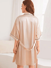 Seiden-Kimono-Robe, schlicht, beige, kurze Länge, Kimono-Staubmantel
