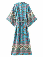 Robe longue kimono en coton bleu imprimé
