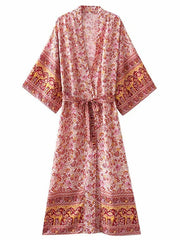 Robe longue kimono en coton imprimé de couleur rose