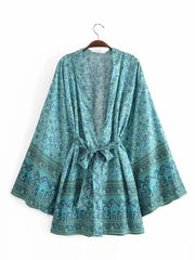 Kimono court à imprimé floral en coton de couleur verte, robe courte, kimono, robe longue