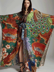 Kimono long en polyester à imprimé paon Partywear