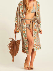 Robe de plage longue en coton à fleurs, kimono beige, robe longue