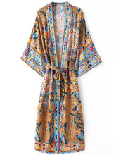 Robe de plage kimono à imprimé floral en coton marron, longue robe longue