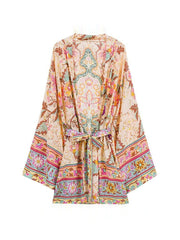 Robe kimono courte en coton rose à imprimé floral