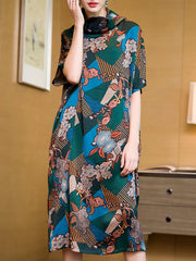 Robe mi-longue à col roulé et motif floral