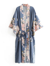 Partywear Kimono Blumendruck Baumwolle Viskose Blau Lagune Kleid Robe Kimono