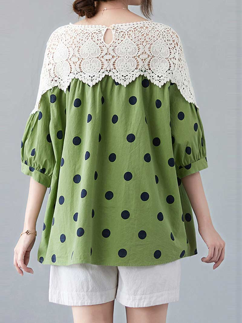 Polka Dot Print Cotton Floral Net Lace Shirt Top