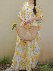 Robe caftan en coton à imprimé floral jaune