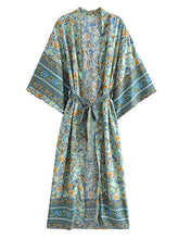Robe de plage longue en coton à imprimé floral de couleur verte, robe kimono