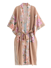 Partywear Cotton, Viscose & Silk Mix Peacock King Floral & Bird Print Camel Color Long Length Gown Kimono Duster Robe