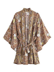 Robe kimono courte en rayonne à imprimé floral couleur café