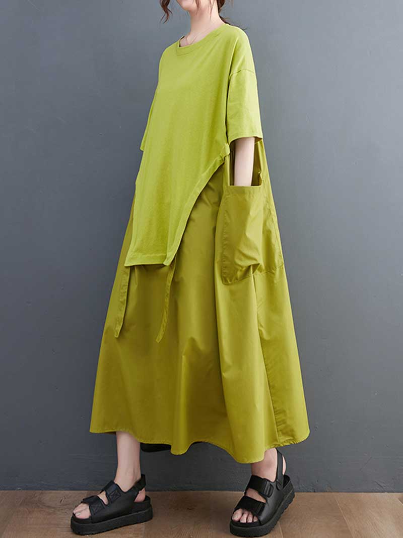 Plain Cotton Short Sleeve Pocket Style Midi Dress