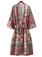 Robe longue kimono à imprimé floral en polyester rouge