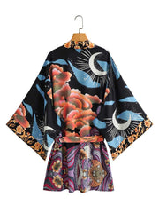 Robe courte kimono à imprimé floral multicolore en polyester