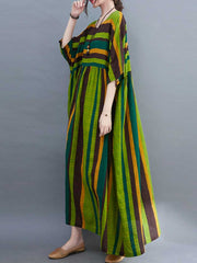 Striped Cotton Short-Sleeves A-Line Dress