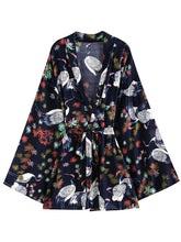 Nachtwäsche aus Polyester mit Blumendruck, dunkelblau, kurze Länge, Morgenmantel, Kimono, Staubmantel